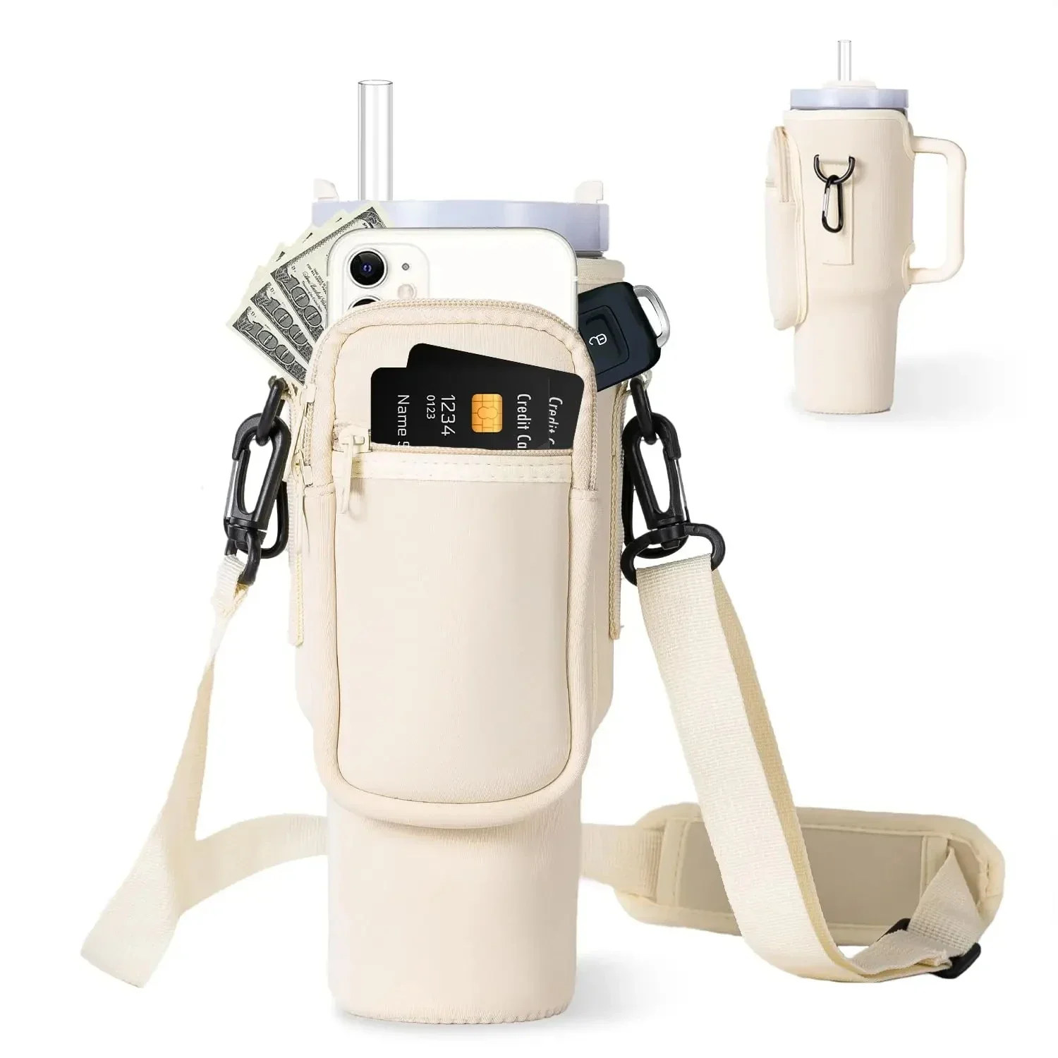 Stanley Cup Holder Bag With Phone Pocket - Neoprene Carrier With Adjustable Strap & Leak Stopper For 40oz Tumbler - View #2