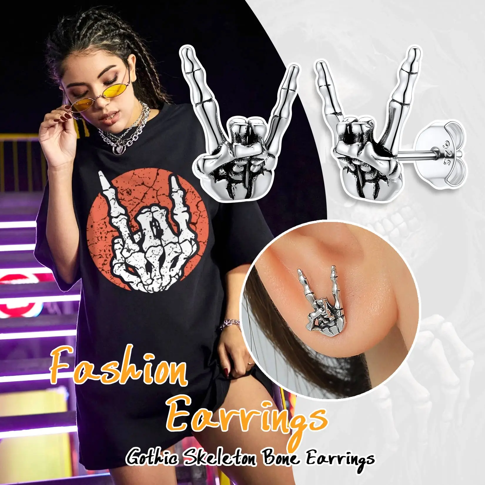 U7 925 Sterling Silver Stud Earrings Rock Hand Gesture Skeleton Skull Hands Earrings Rivets Punk Gothic Unisex Jewelry Gift