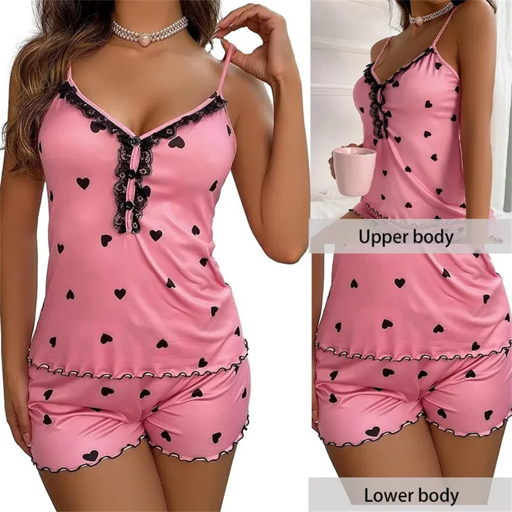 2Pcs Pajama set Sexy Fashion Heart Print Women Pajamas Set Deep V-Neck Tops Pants/Shorts Pajama Suit Ladies Sleeveless Nightwear