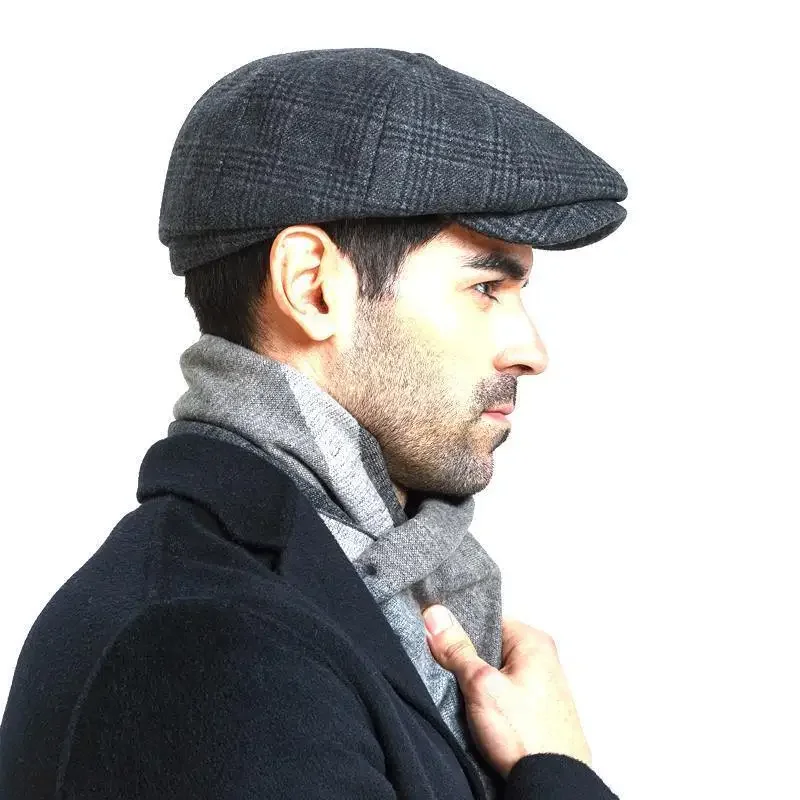 Mens Flat Cap Gatsby Tweed Black Peak Hat Herringbone Newsboy Cap M-XXL 2