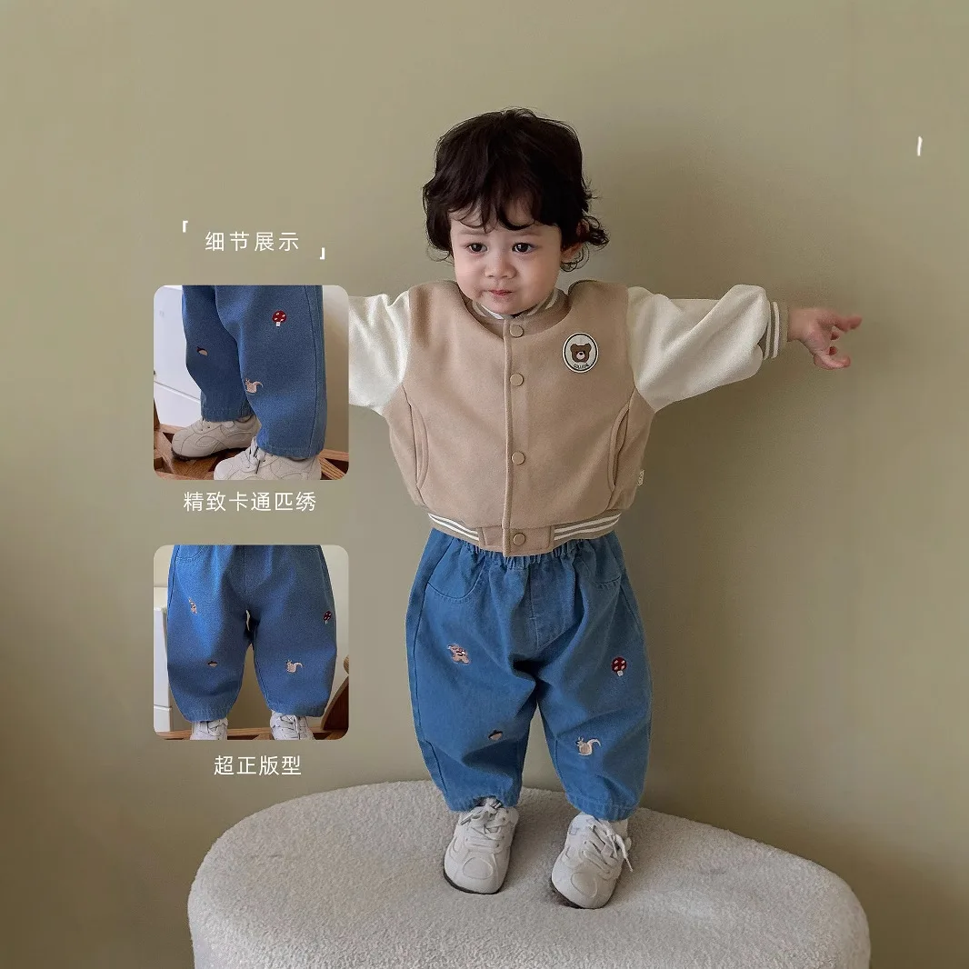 Children's Embroidered Radish Pants 2025 New Autumn Boys' Fashion Cartoon Jeans Trendy Baby Striped Casual Pants