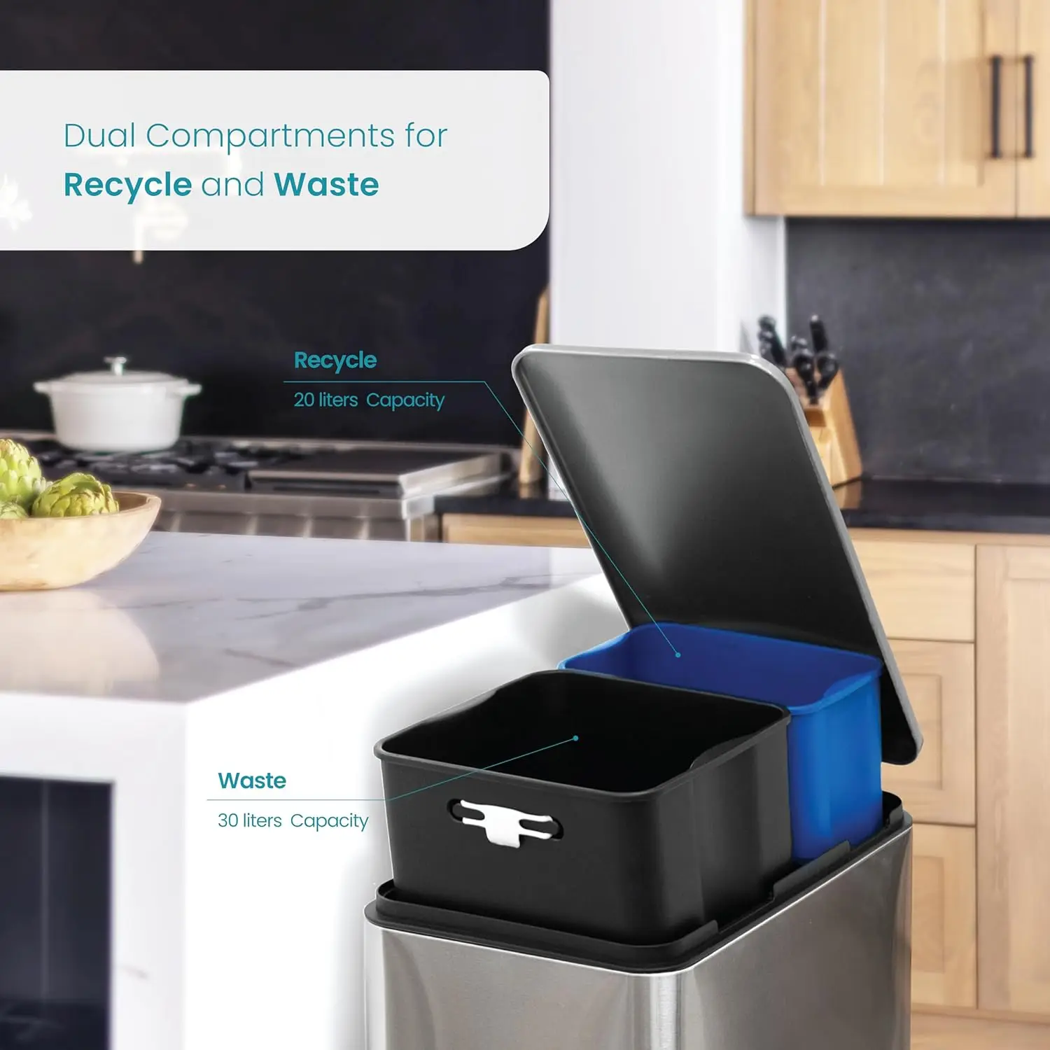 13 Gallon Kitchen Trash Can with Dual Compartments for Recycling, Stainless Steel, Silver, 50 Liters Total, Gen 2