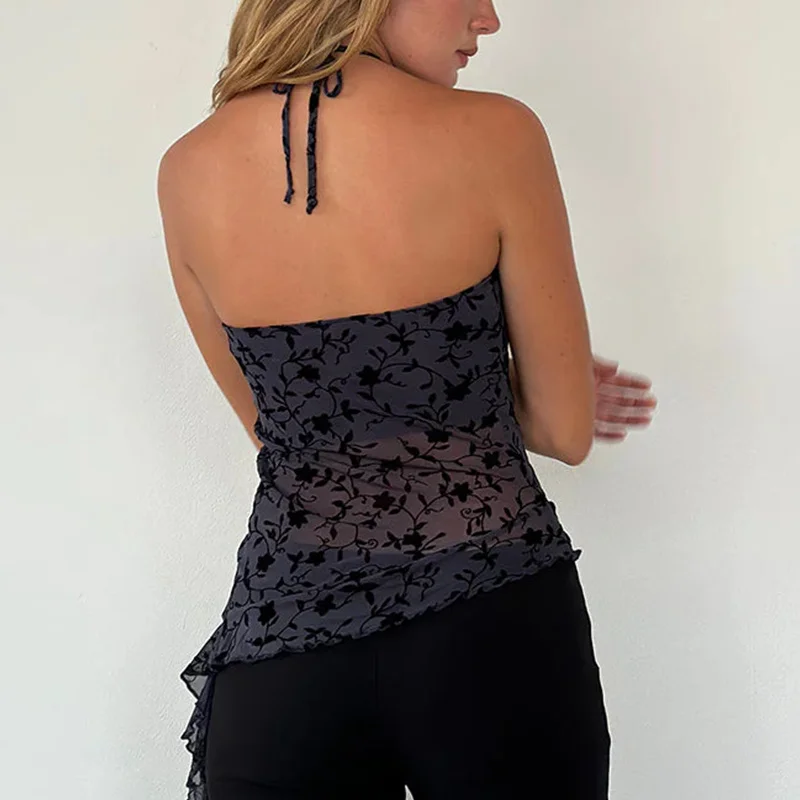 y2k Halter Top Women Sexy Clothes Floral Print Sleeveless Backless Camisole with Asymmetrical Ruffle Hem Party Clubwear 9 y2k Halter Top Women Sexy Clothes Floral Print Sleeveless Backless Camisole with Asymmetrical Ruffle Hem Party Clubwear