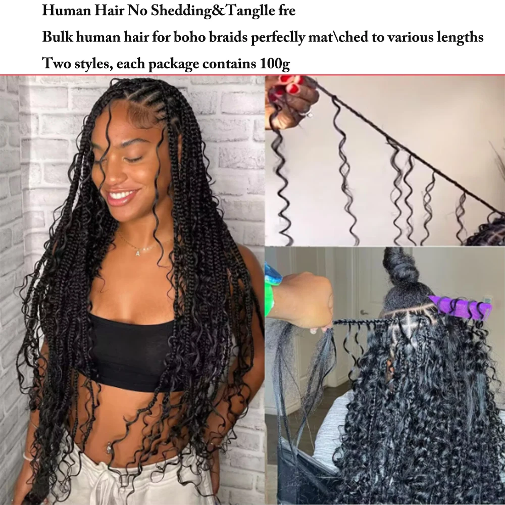 Capelli Umani per Intrecciare, Onda Profonda, 100g, Senza Trama, Ciocche di Capelli Umani Ricci Profondi per Intrecciare, per Trecce Boho - immagine 3