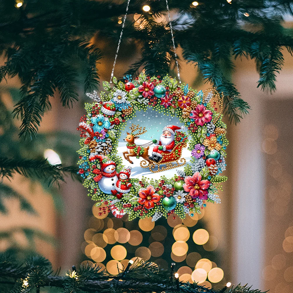 Diamond Painting Hanging Pendant Acrylic Special Shape Christmas Wreath Rhinestone Diamond Art Pendants for Garden Window Decor