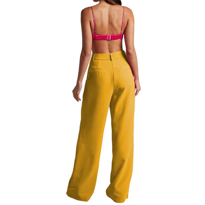 Tesco Fuchsia 2 Piece Women Suit Sets Casual Lapel Collar Blazer Wide Leg Long Pants For Autumn Lady Wear Loose Female Clothes