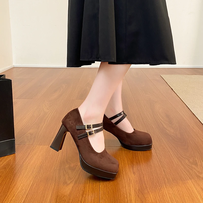 Aphixta Classic Round Toe Women's Mary Janes Shoes 8cm High Heels Platform Woman Shoes Metal Buckle Cow Suede Upper Shoes