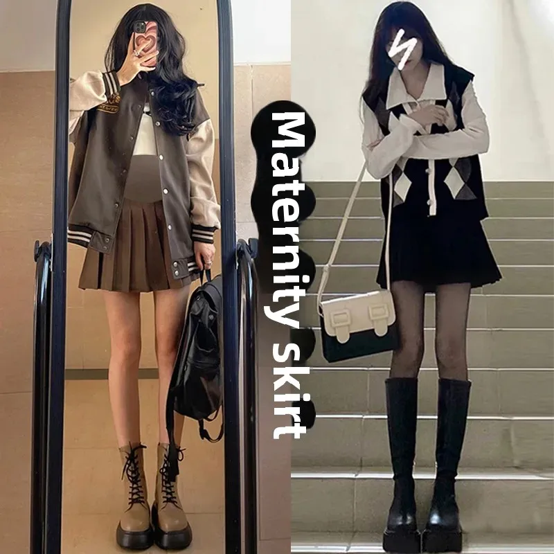 High-waisted Slimming Mini Dress For Pregnant Women Autumn Winter Pleated Skirt Women's Outerwear A- line Hip Support Skirt