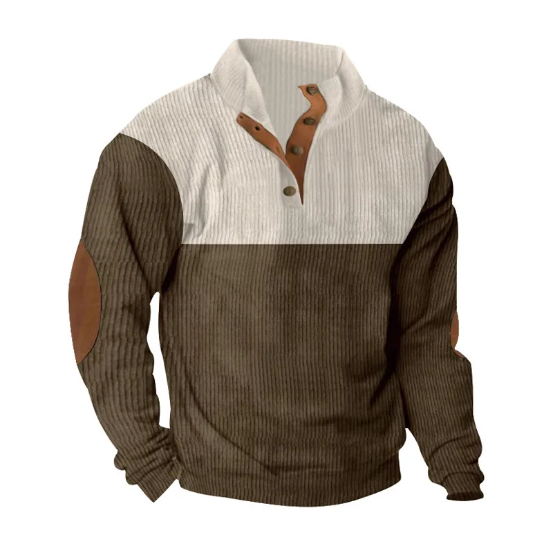 Men's Hoodies Spring And Autumn Corduroy Casual Patchwork Stand Collar Button Sports Hoodie Man Clothing