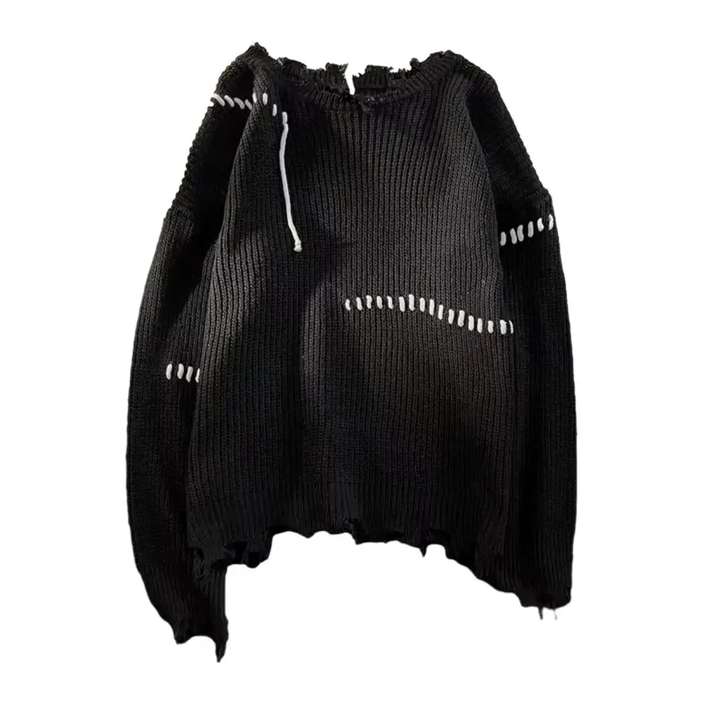

Long Sleeve Sweater Streetwear Sweater Men's Fringe Tassel Sweater Warm Knitted Pullover with Ripped Detail Loose Fit for Fall