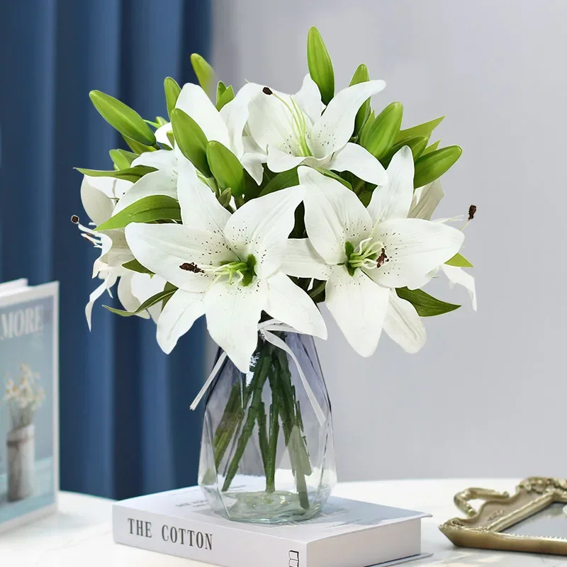 5 Stück 38 cm weiße Lilie künstliche Blumen Party Hochzeit Brautstrauß gefälschte Pflanze für Wohnzimmer Home Garen Dekoration Real Touch