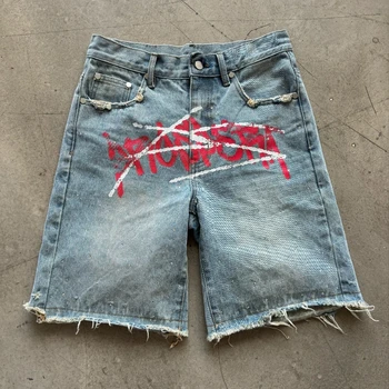 Y2K Graffiti Jorts Rhinestone Distressed Printed Denim Shorts Men Women Trend Retro Hip Hop Streetwear Unisex Baggy Short Pants 1