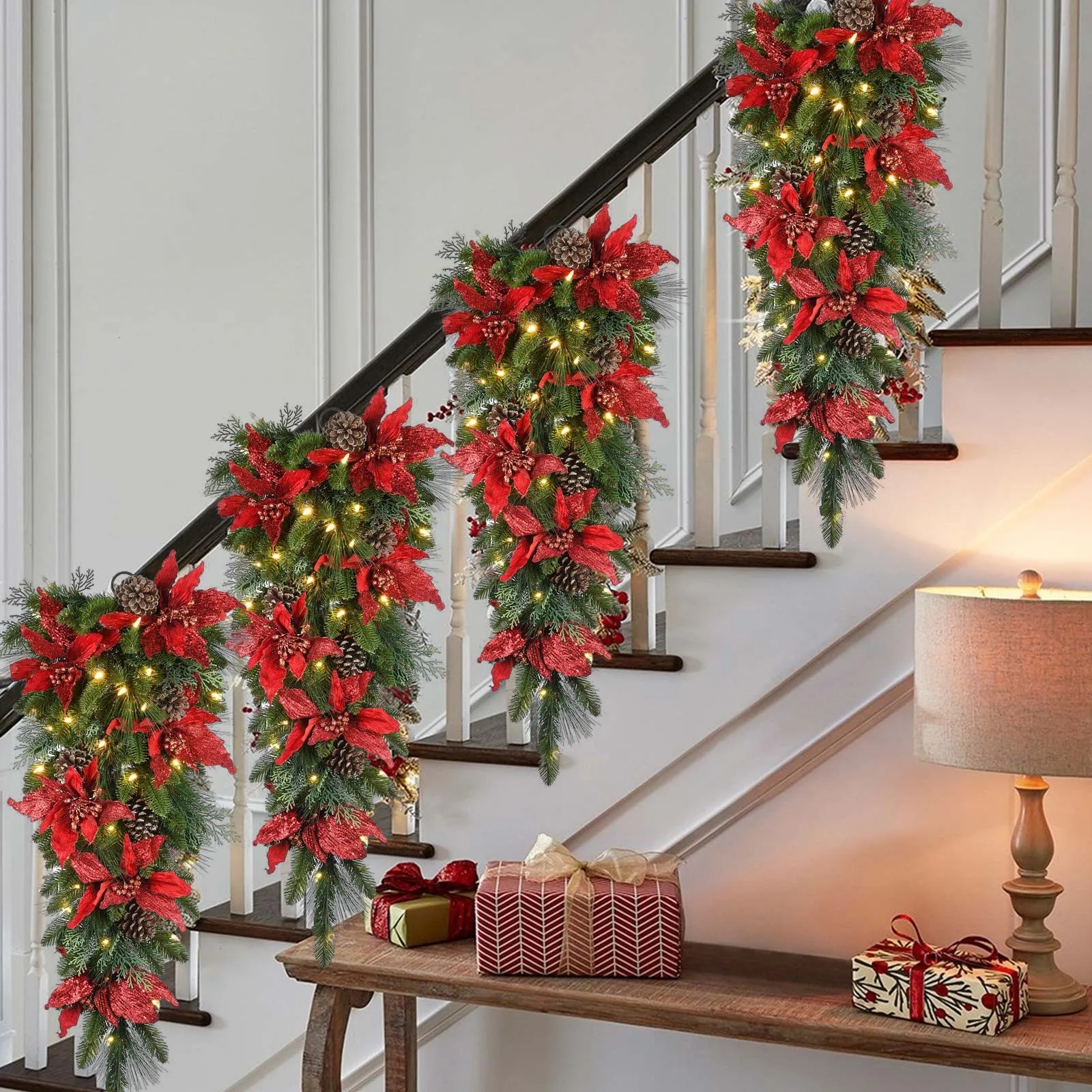Decorazione per scale senza fili, ghirlanda natalizia per porta d'ingresso,  decorazione per finestre da parete