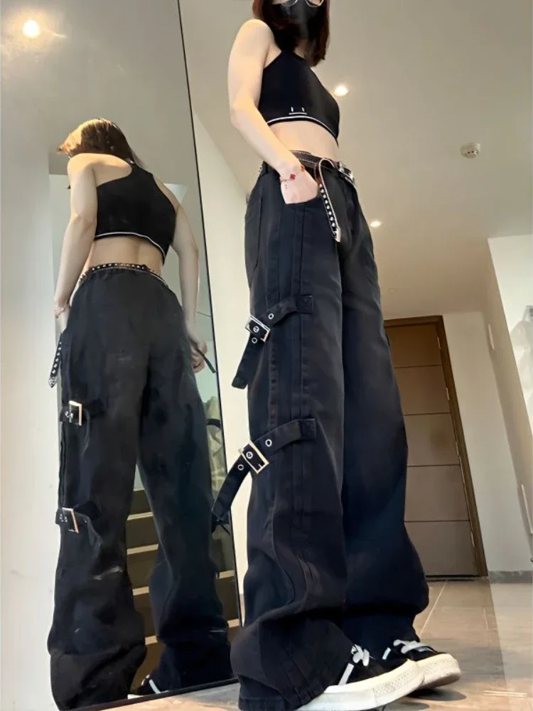 HOUZHOU Black Cargo Jeans Women Baggy Punk Style Gothic Korean Streetwear Chic American Vintage Female Denim Trousers Techwear