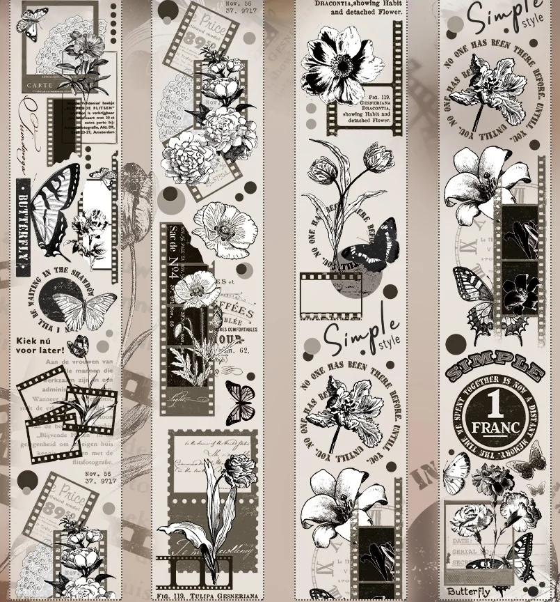 5meter Vintage Black And White Pure Butterfly Flowers Washi Tape Pet
