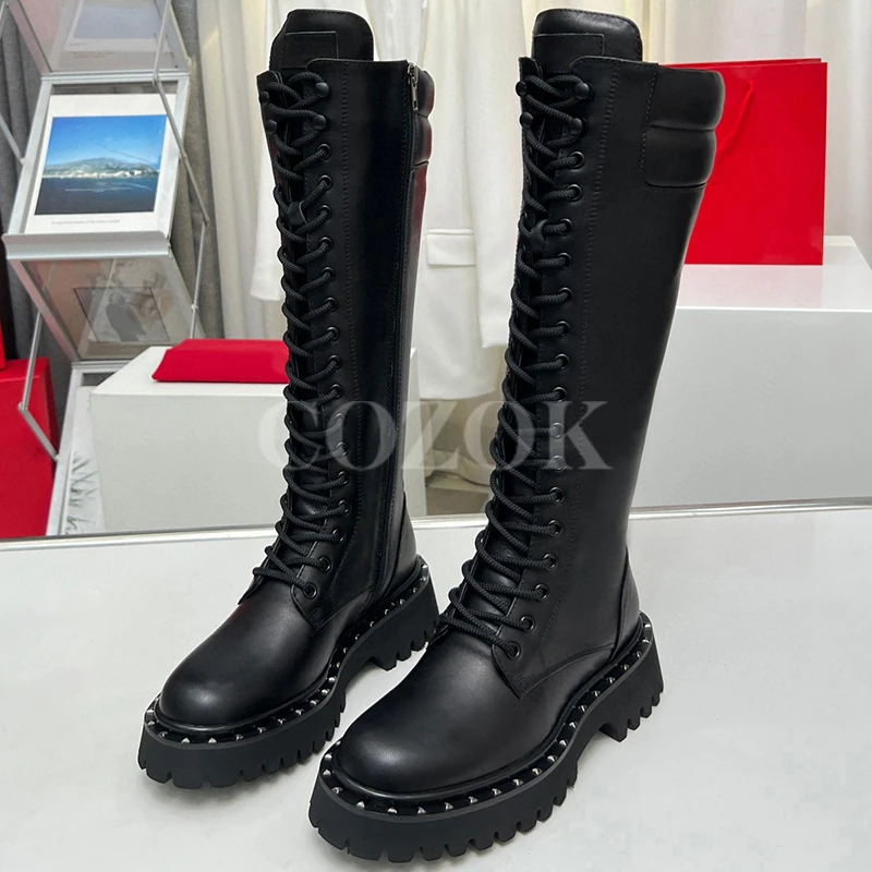 

New Slim Fit Ladies Long Boots Autumn Metal Bordered Design Platform Straight Boots Non-slip Thick Bottom Female Shoes