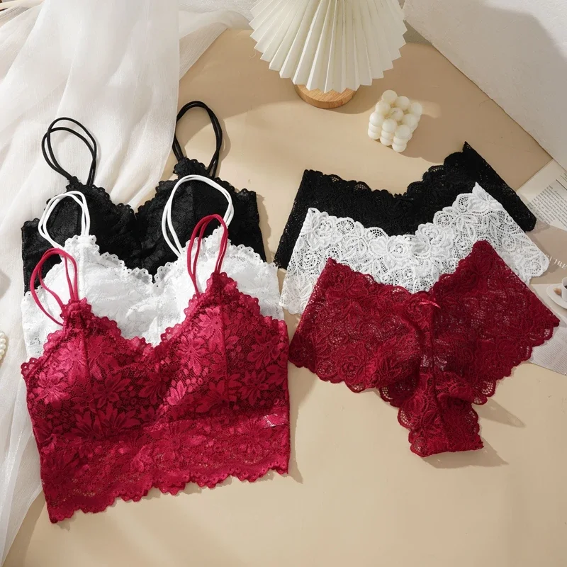 Women's Sexy Lace Bra Suit Solid Set Beautiful Back Hollow Out No Steel Ring Underwear With Lace Flower Breathable Panties