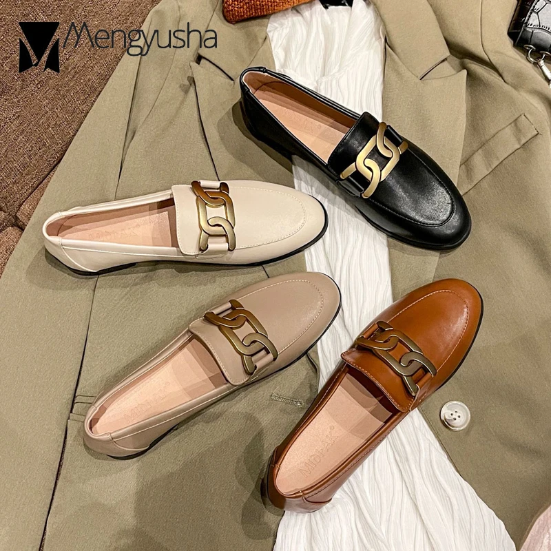2025 High End Luxury Oxford Shoes Ladies Preppy Leather Sneakers Woman Metal Chain Loafers Big Size 42/43 Plush Cotton Fur Flats women oxford shoes