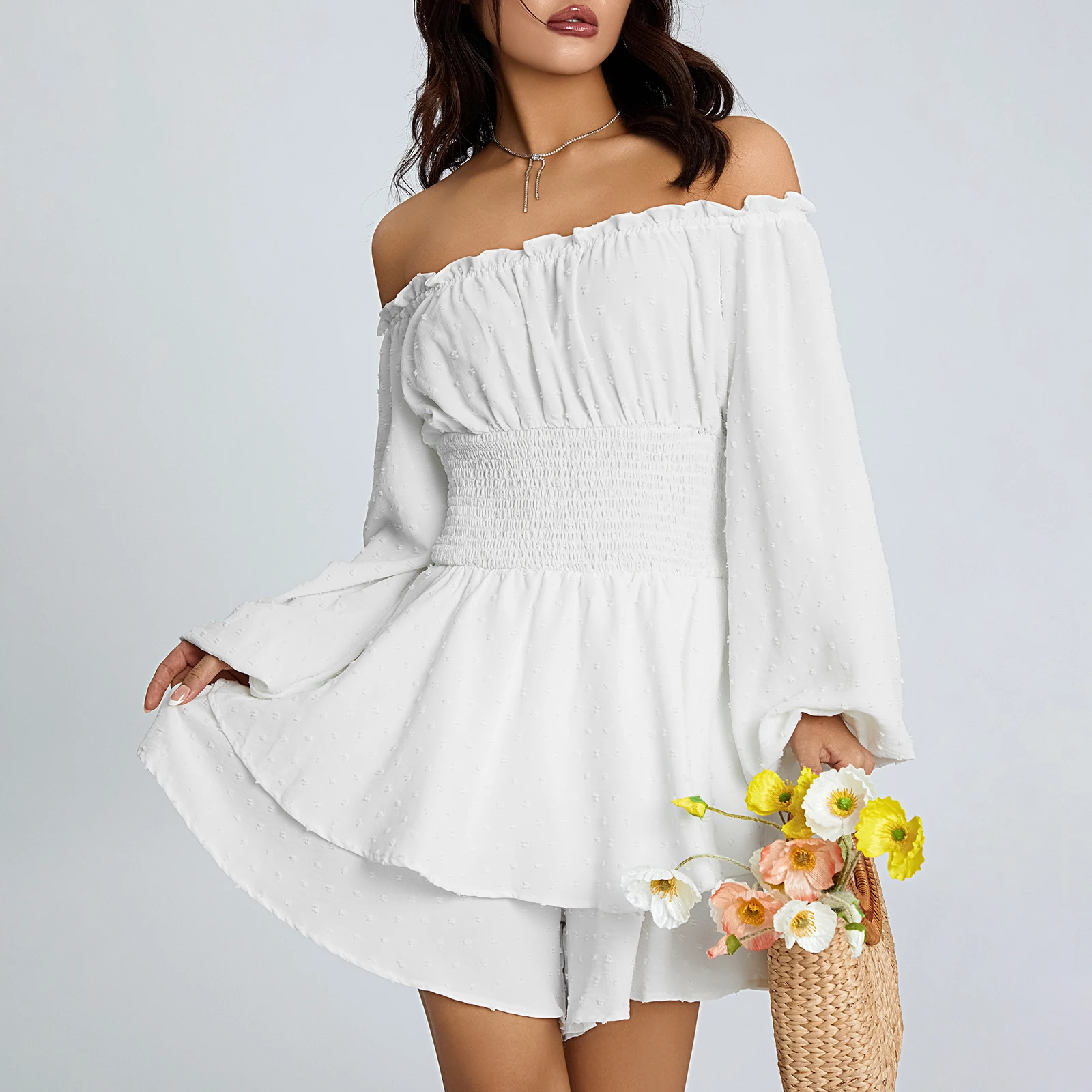 

Ruched Long Sleeve Flowy Layered Short Jumpsuit for Women Puff Sleeve Romper SummerElastic Waist Flouncing Off Shoulder Playsuit