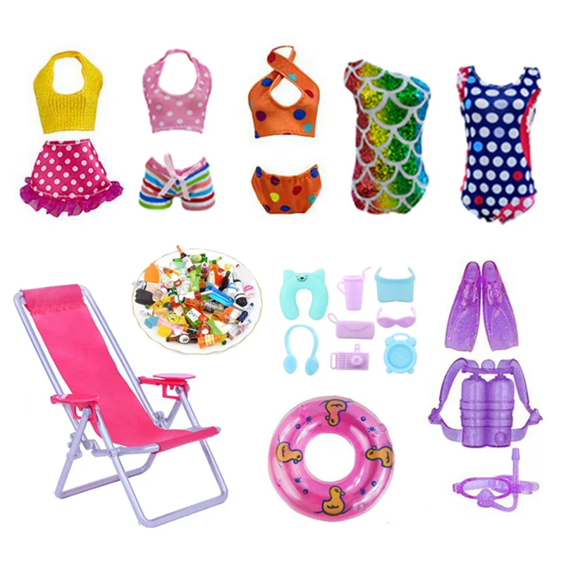 

Hot Sale Kawaii 29 Items / Lot Miniature Doll Accessories = 5 Swimsuits + 10 Drink Bottle + 14 Things For Barbie DIY Pretend Toy