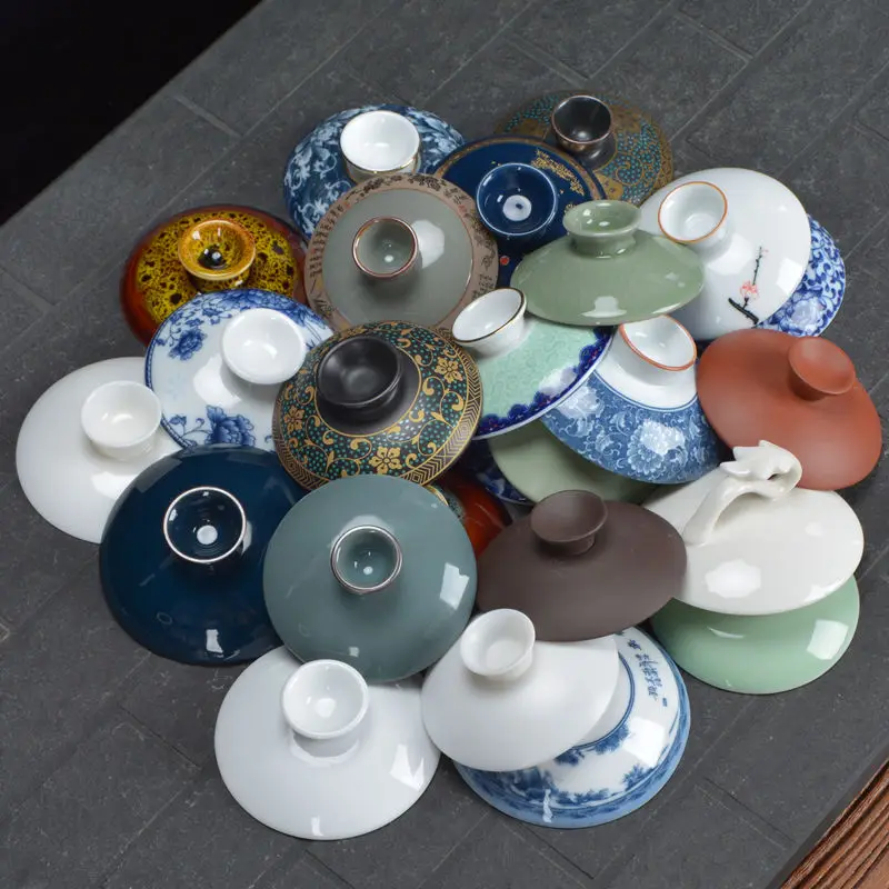Cover Bowl Tea Cup Single Lid Accessories White Porcelain Blue and White Flower Cover Bowl Lid Sancai Gaiwan Tea Set Accessories