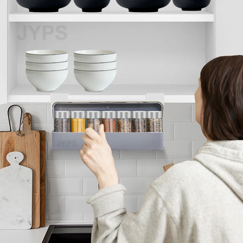 Kitchen self-adhesive spice organizer rack seasoning bottle storage rack under desk drawer hidden kitchen supplies storage rack wall mounted storage box desktop storage rack plastic storage rack