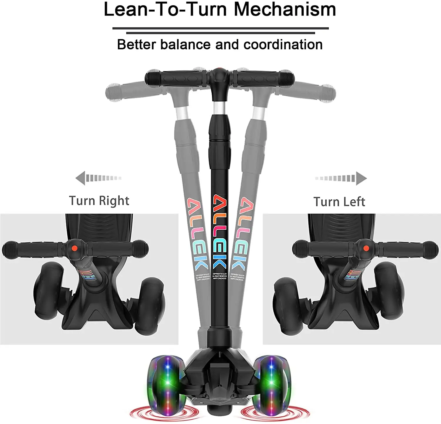 Allek Kick Scooter 3-Wheeled Push Scooter with PU Light-Up Wheels for Children 3-12years Heavy Duty kickboard Adjustable Height 3