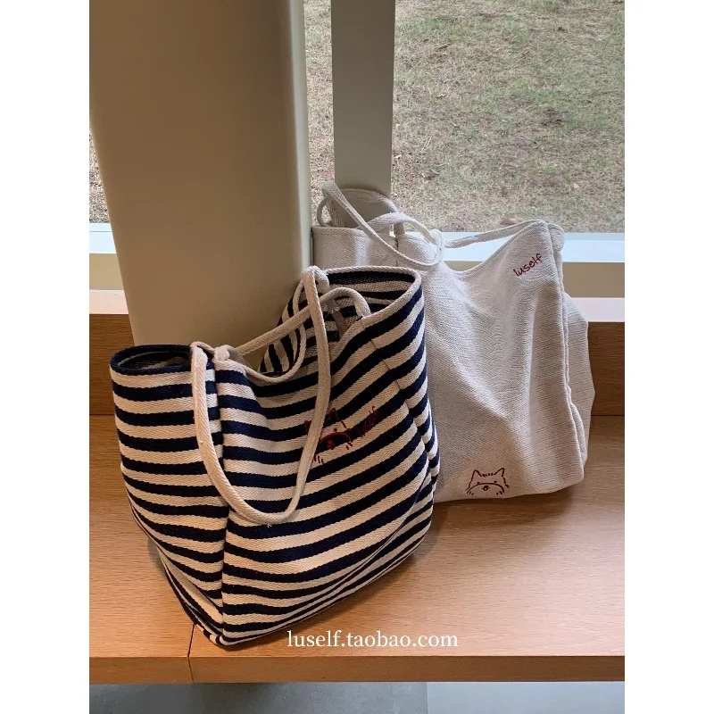 2025 New Versatile Striped Canvas Bag, Niche Embroidery, Large Capacity Lazy Style Tote Bag