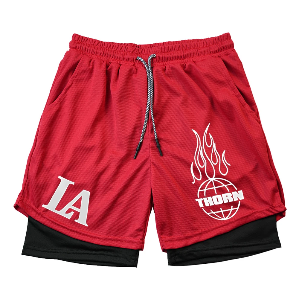 Summer Letter LA Shorts Men's 2-in-1 Compression Quick Dry Shorts GYM Training Double Layered Fitness Running Sports Short Pants 6