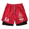 Summer Letter LA Shorts Men's 2-in-1 Compression Quick Dry Shorts GYM Training Double Layered Fitness Running Sports Short Pants 6