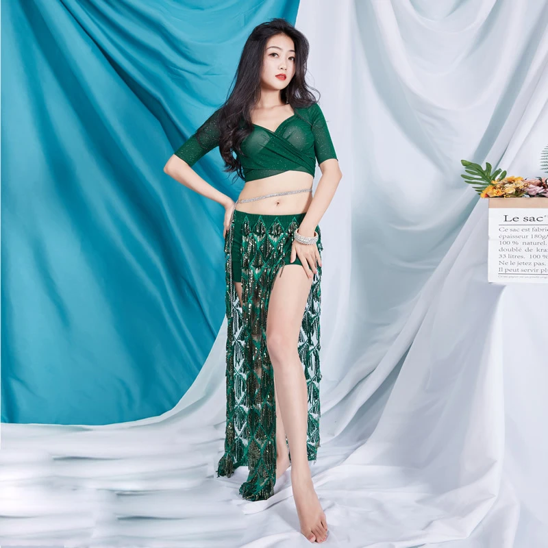 

Women Belly Dance Summer Word Collar Sling Slit Dress Competition Set Top+Skirt 2cps Belly Dance Dance Set