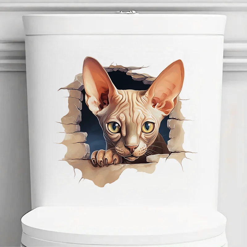 90995# Cute Hairless Cat Peeking Toilet Sticker Durable Material Perfect For Home Wall Decor Aesthetic Room Decoration