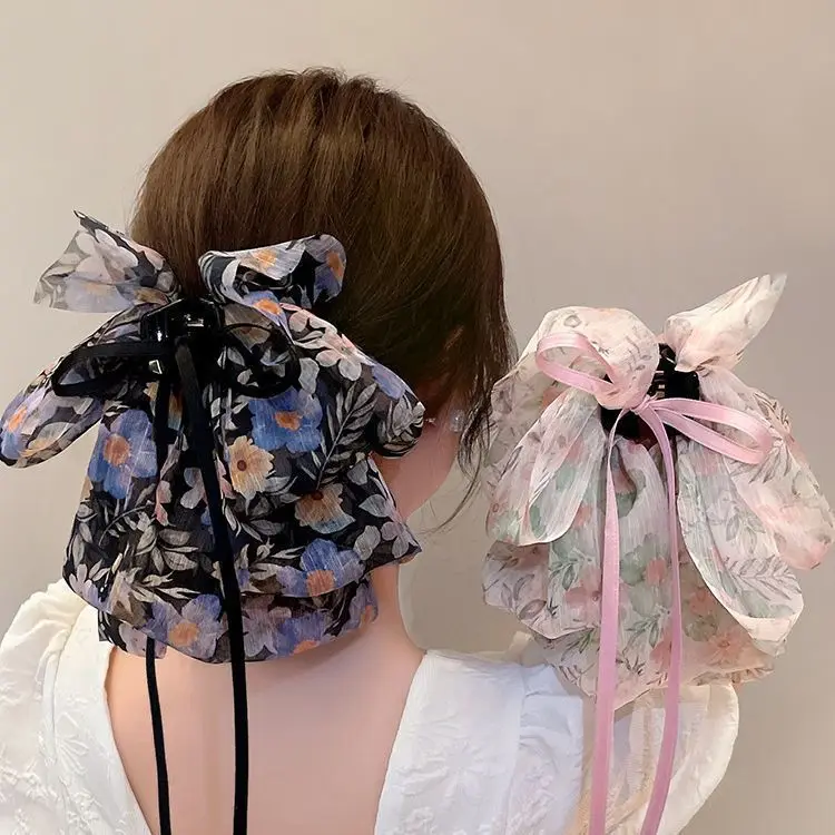 

New Fashion Mesh Ribbon Hair Claw Bow Hair Clips for Women Girls Back Head Hairpin Horsetail clip Hair Accessories