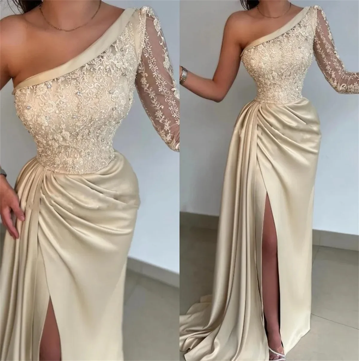 

2023 lace one-shoulder long-sleeved long-sleeved beaded champagne prom dress with pleats and high slit evening dress customizati