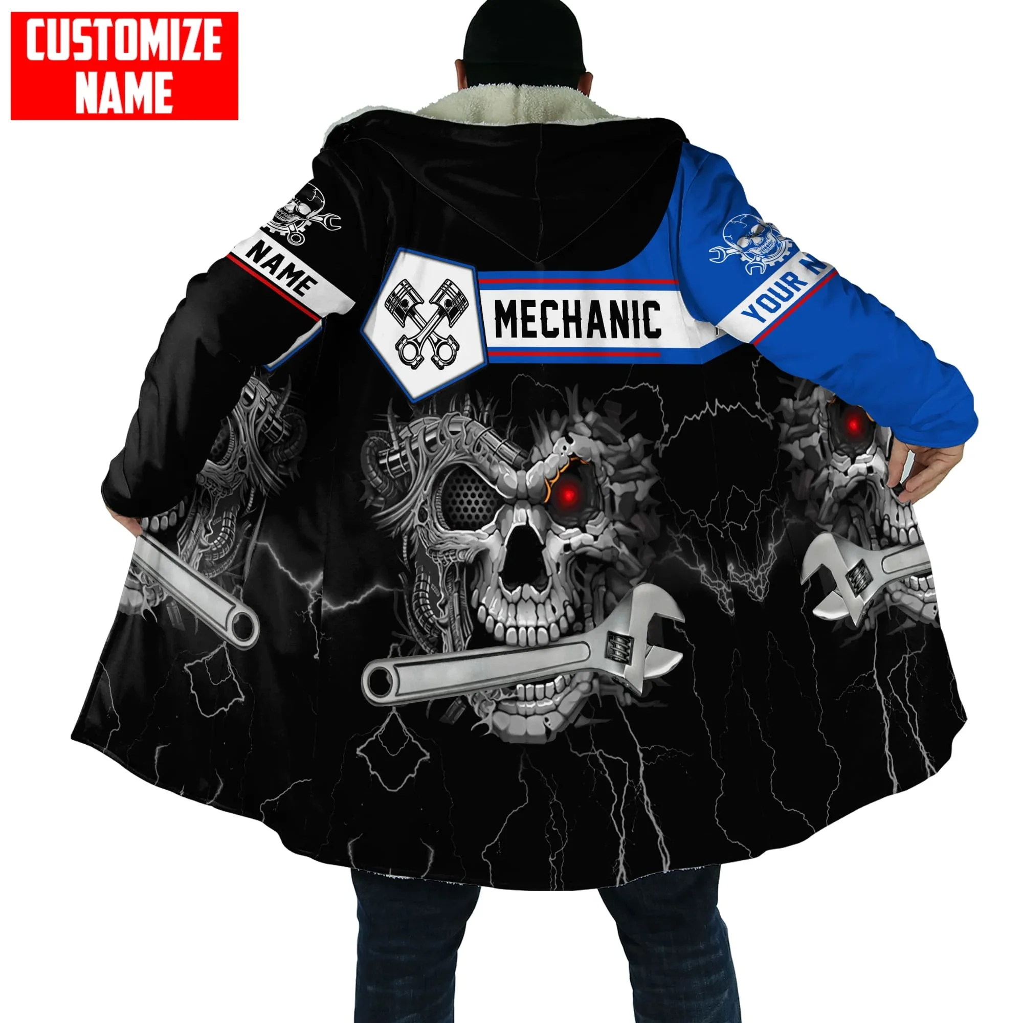 PLstar Cosmos Custom Name Mechanic Skull 3D All Over Printed Men's Fleece Hooded Cloak Unisex Casual Thick Warm Cape coat PF93