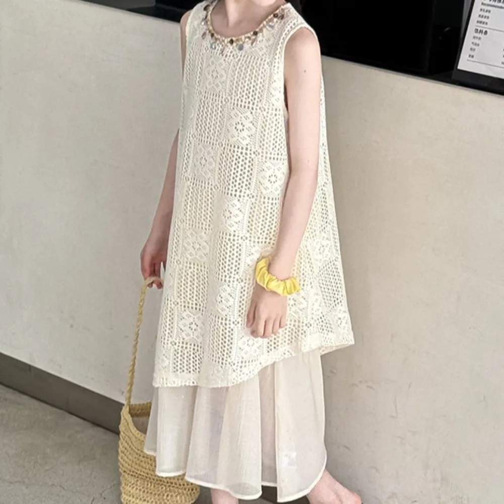 Round Neck Kids Bohemian Shell Dress Sleeveless Princess Children Beach Long Skirt Loose Casual Girls Patchwork Dress Vacation