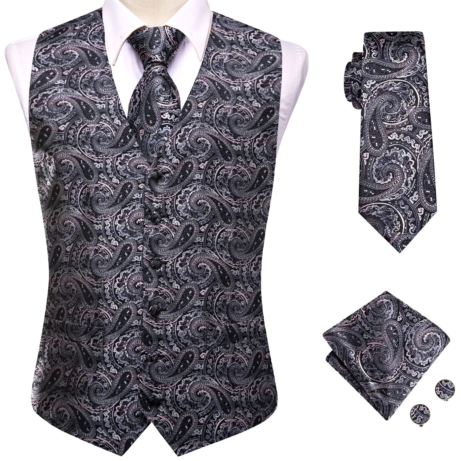 

Hi-Tie Formal Silk Men's Waistcoat Paisley Necktie Slim Set For Suit Dress Wedding 4PCS Vests Necktie Hanky Cufflink Designer