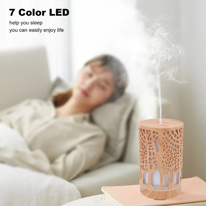 200ml 우드 그레인 아로마 디퓨저 8W 자동 전원 차단 컬러풀 LED 무소음 가습기 차량 및 가정용 100-240V 미국 플러그