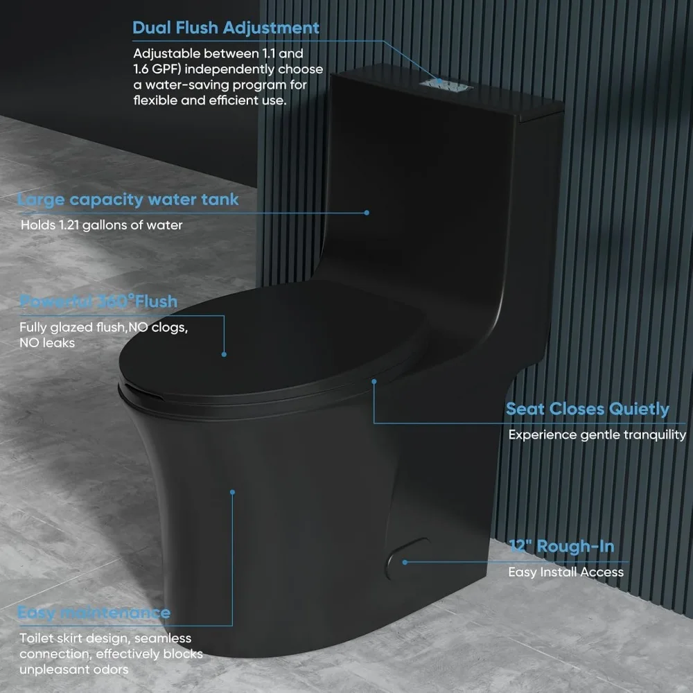 One Piece Toilet,  Dual Flush Toilet with 15.1"W Soft-Close Seat,17" Comfort Height Seat,Standard Elongated Toilet for Bathrooms 3