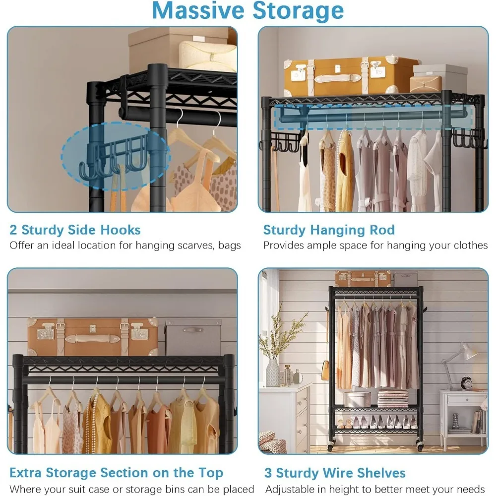 R1 Rolling Garment Rack Heavy Duty Clothes Rack for Hanging Clothes, Portable Closet Wardrobe with Wheels and Side Hooks, - Image 6