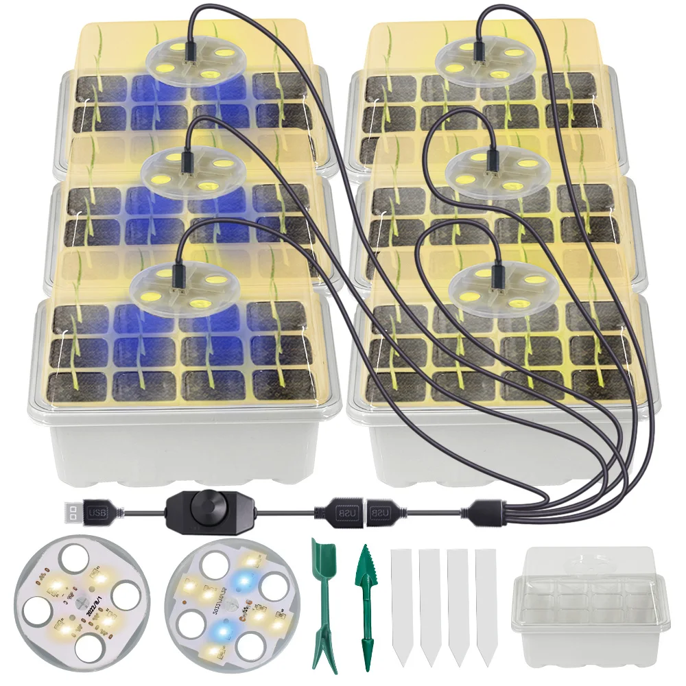11CM 12-Cell Seed Starter Tray with Full Spectrum LED Grow Light Plant Germination Grow Box with Hole Indoor Garden Seed Growing