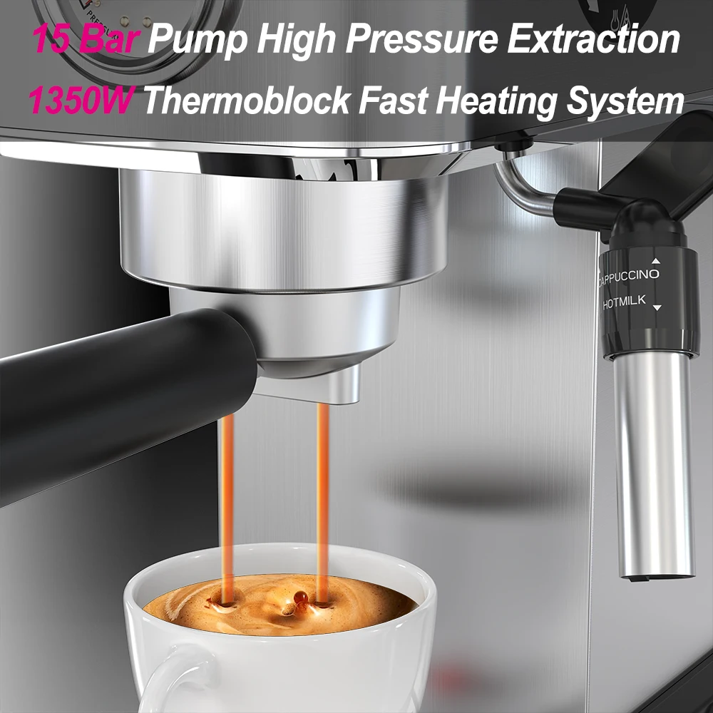 Espresso Machine 15 Bar Coffee Machine With Steam Milk Frother Stainless Steel Coffee Maker 34oz Water Tank 1350W 3