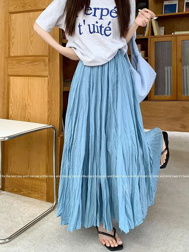 Korean Version Women Solid Elastic High Waist Pleated Skirts - Main Image