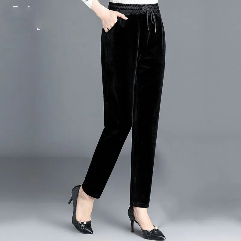 Autumn Winter Women's Solid Striped Pockets Drawstring Shirring Elastic Waist Casual Loose Trousers Fashion Elegant Loose Pants