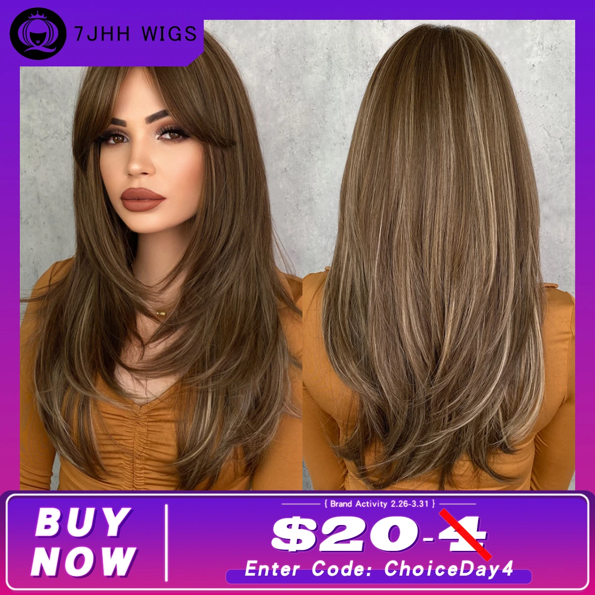 7jhh Wigs Honey Blonde Wig With Bangs Long Brown Wigs For Women,layered Heat Resistant Synthetic