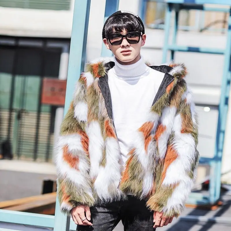 2024 Winter Warm Plus Fleece Faux Fur Fox Fur Casual Mens Hooded Jacket Thick Boutique Fashionable Male Slim Coats Size 5XL New