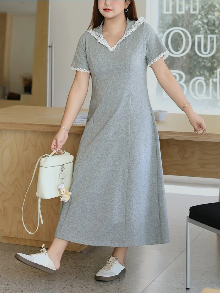 Women's Plus Size Lace Hooded A-Line Dress With Slim Waist Premium Casual & Comfortable Cotton Fabric, Long/Short Style Options