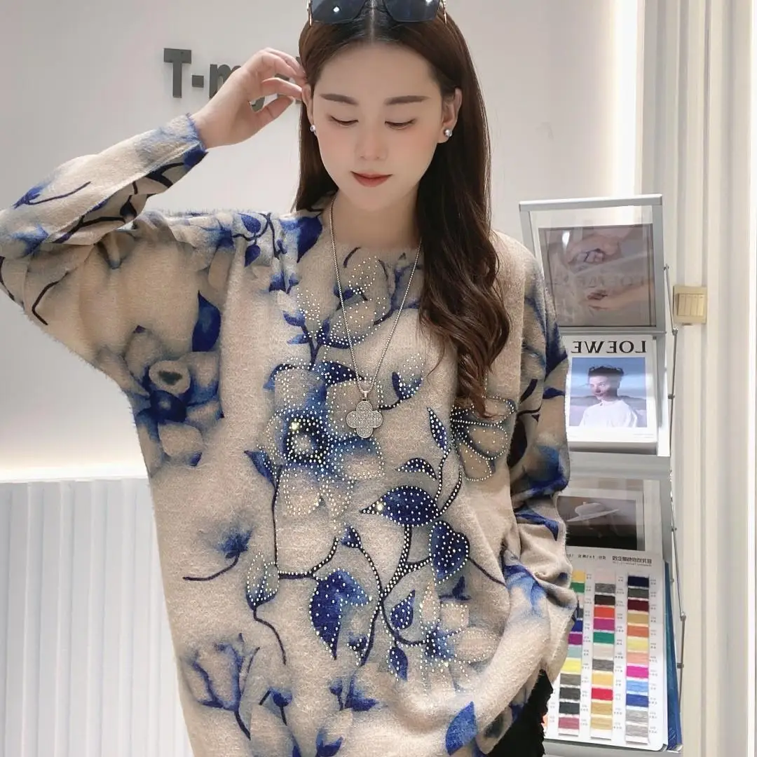 

2023 New Autumn Winter Women Korean Elegant Casual Warm O-neck Long Sleeve Female Mink Cashmere Knitted Pullover Sweater V55