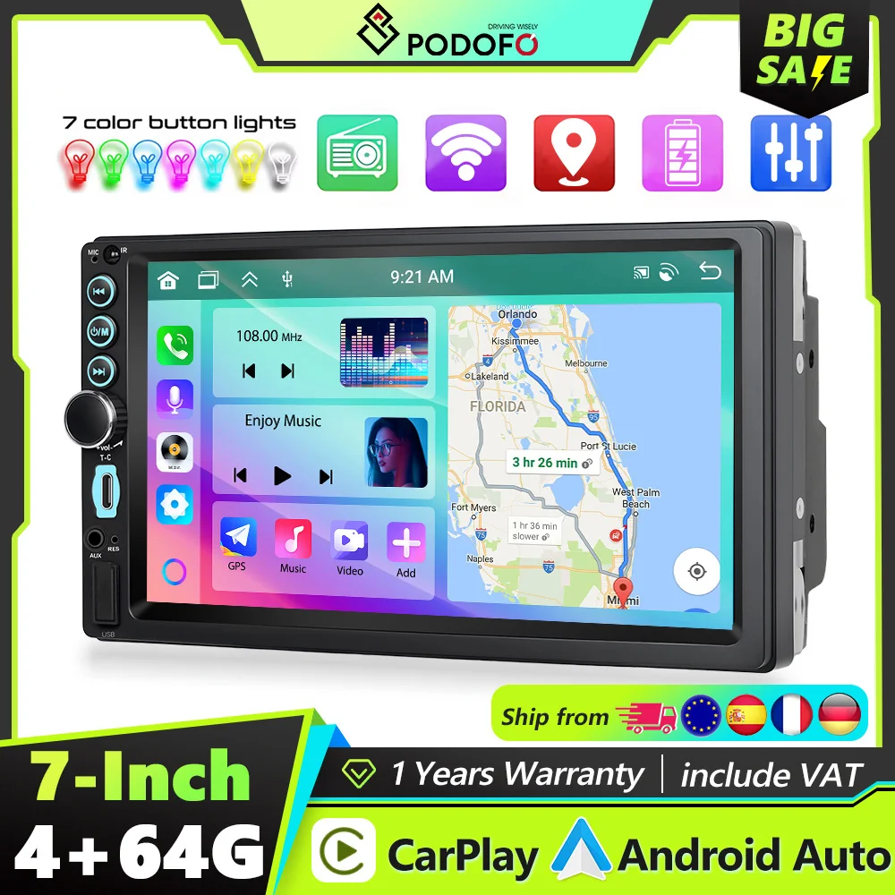 Reproductor multimedia para coche Podofo 2din 4+64G con Carplay/Auto Mirror Link, radio estéreo universal de 7'' para coche, compatible con cámara trasera, FM/RDS 1