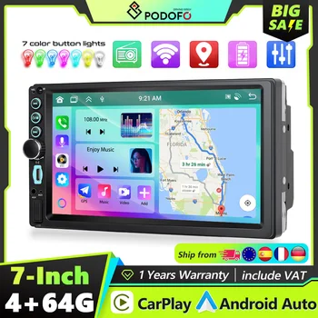 Reproductor multimedia para coche Podofo 2din 4+64G con Carplay/Auto Mirror Link, radio estéreo universal de 7'' para coche, compatible con cámara trasera, FM/RDS 1